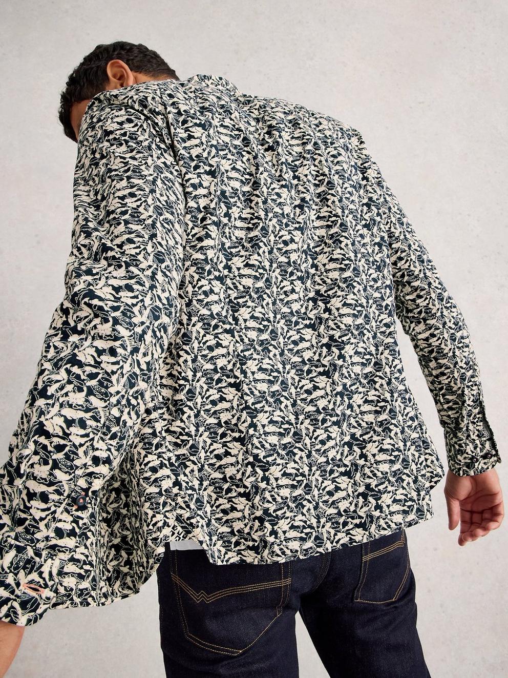 Salcombe Fish Print Shirt in NAVY PR - MODEL BACK
