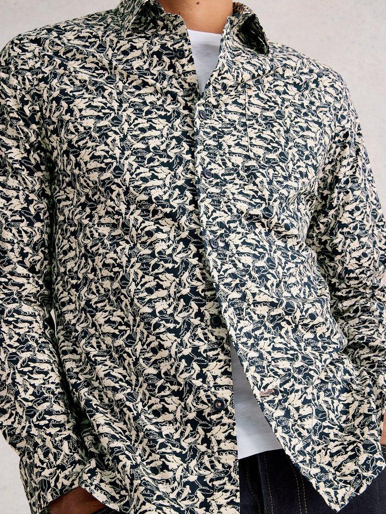 Salcombe Fish Print Shirt in NAVY PR - MODEL DETAIL