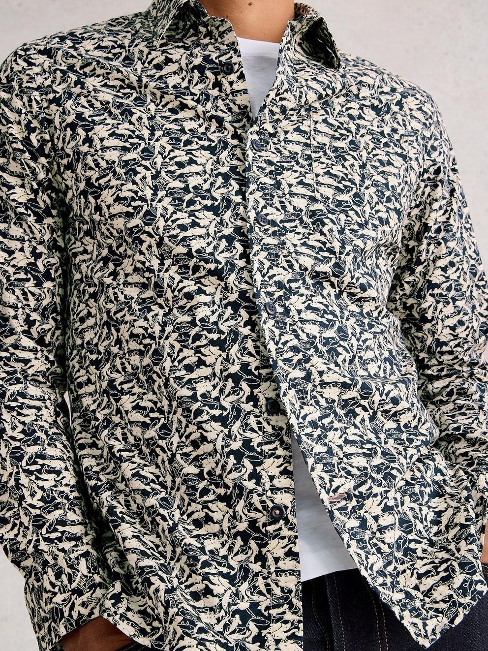 Salcombe Fish Print Shirt in NAVY PR - MODEL DETAIL