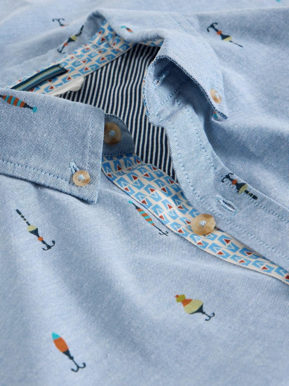 Finsbury Fishing Print Shirt in CHAMB BLUE - FLAT DETAIL