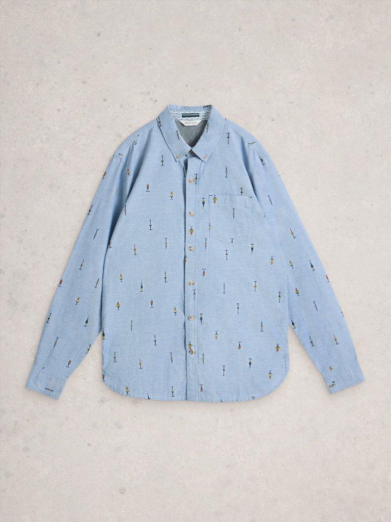 Finsbury Fishing Print Shirt in CHAMB BLUE - FLAT FRONT