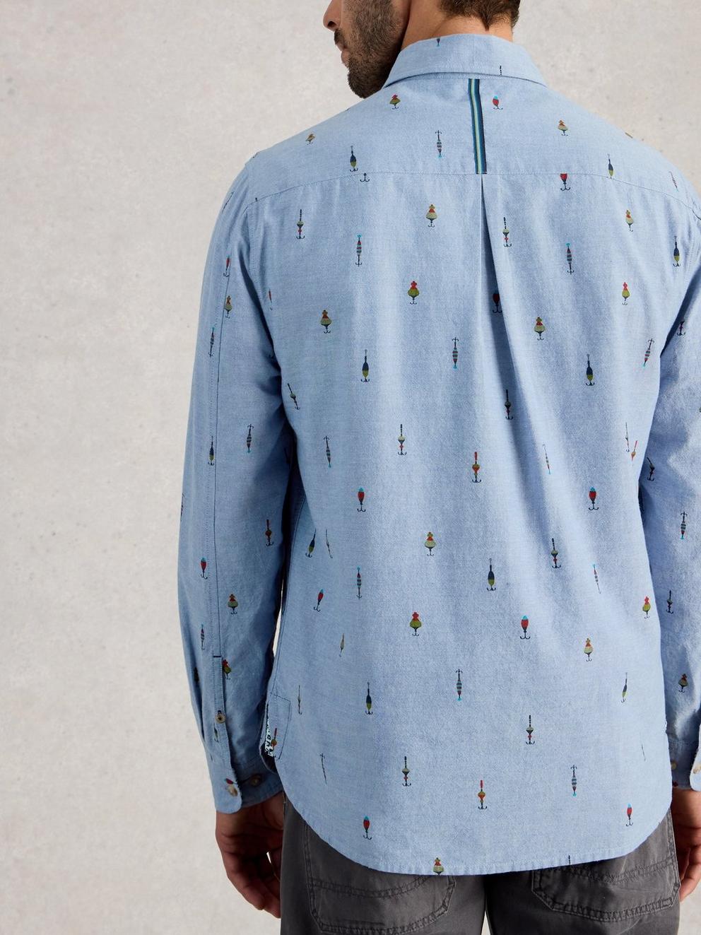 Finsbury Fishing Print Shirt in CHAMB BLUE - MODEL BACK