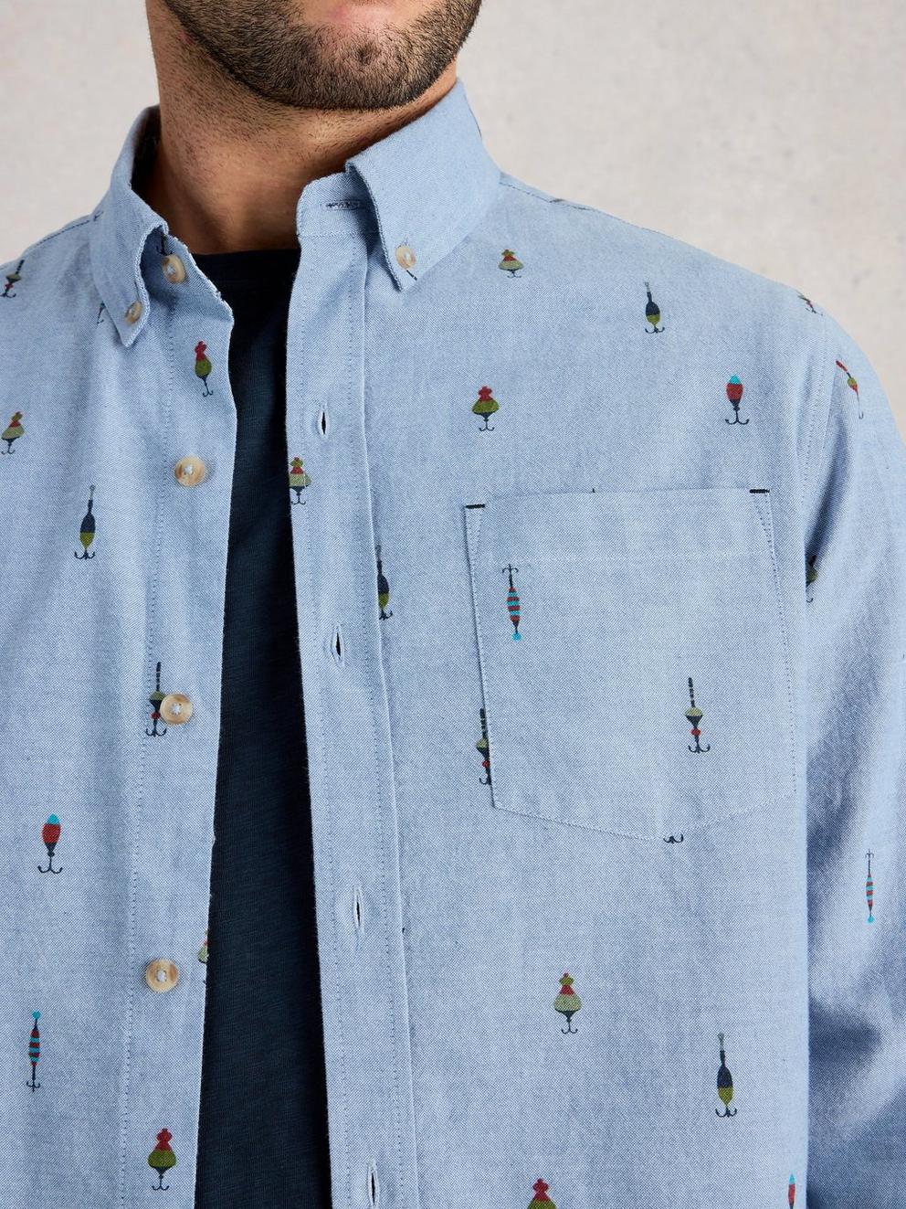 Finsbury Fishing Print Shirt in CHAMB BLUE - MODEL DETAIL