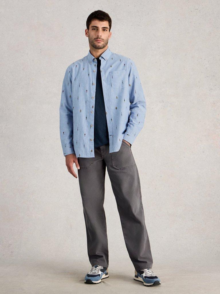 Finsbury Fishing Print Shirt in CHAMB BLUE - MODEL FRONT