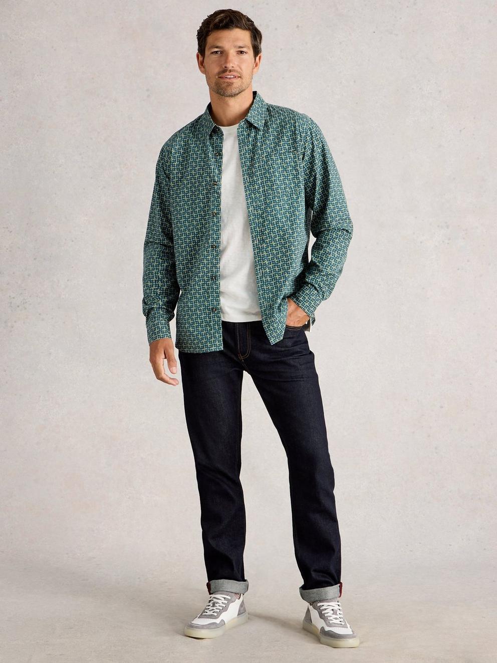 Finsbury Retro Print Shirt in TEAL PR - MODEL FRONT