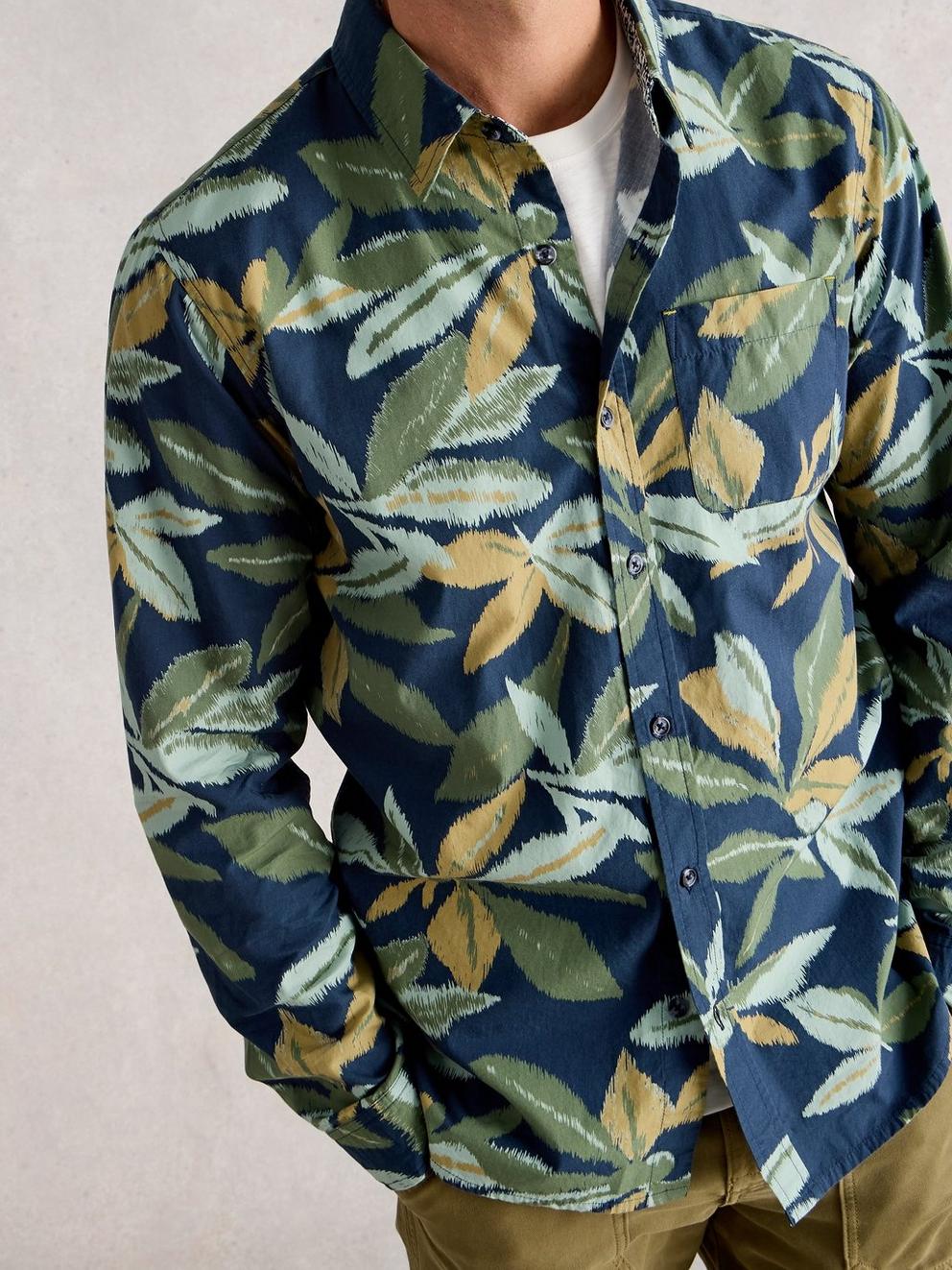 Finsbury Leaf Print Shirt in NAVY MULTI - MODEL DETAIL