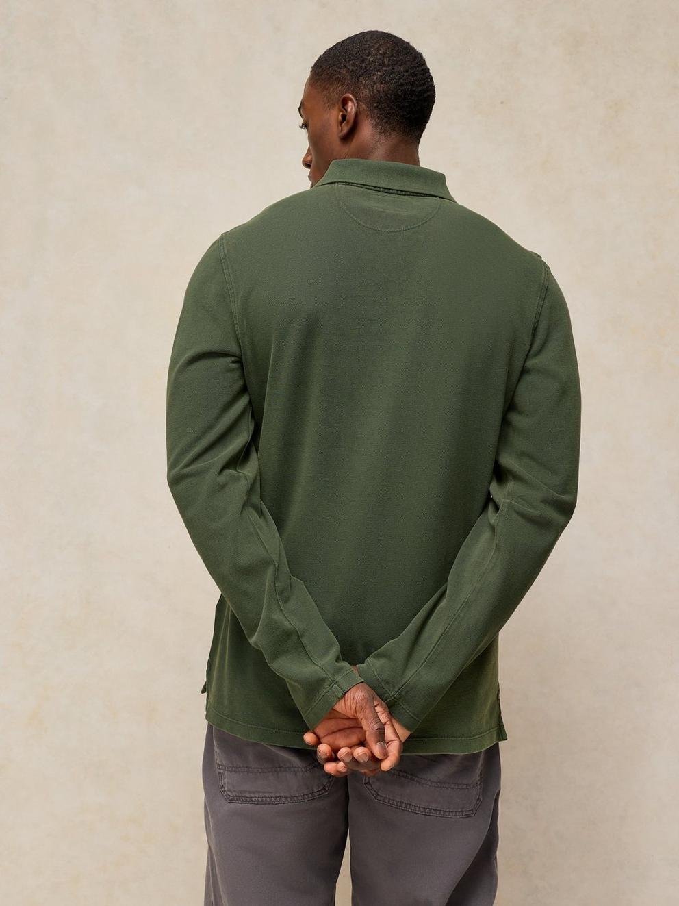 Utility Long Sleeve Polo in DK GREEN - MODEL BACK