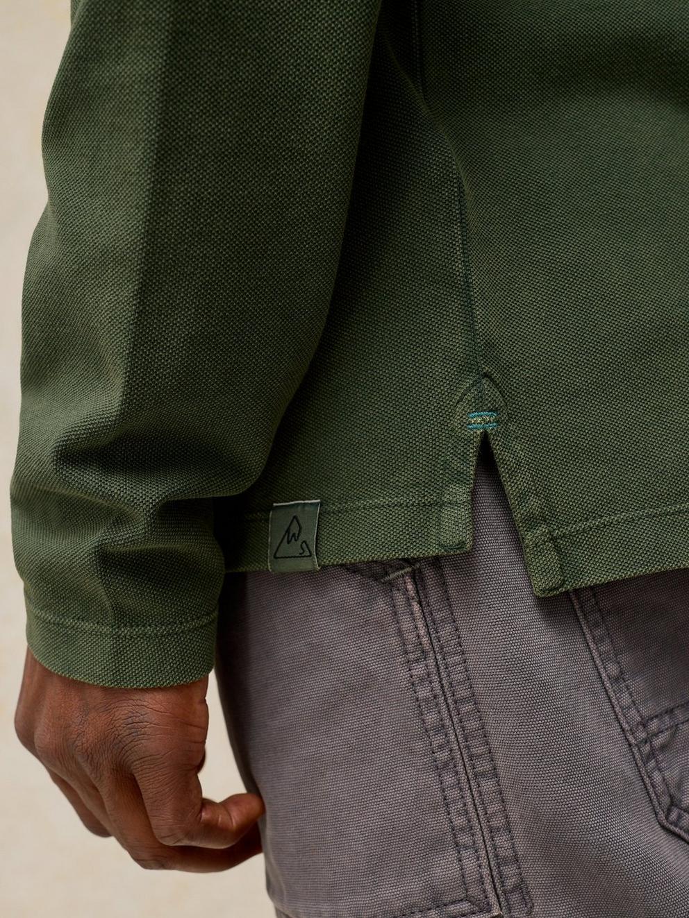 Utility Long Sleeve Polo in DK GREEN - MODEL DETAIL