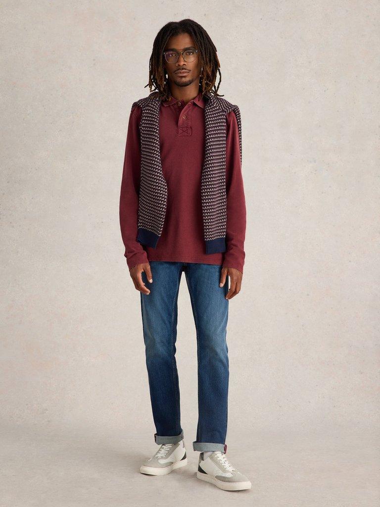 Utility Long Sleeve Polo in DK PLUM - MODEL FRONT