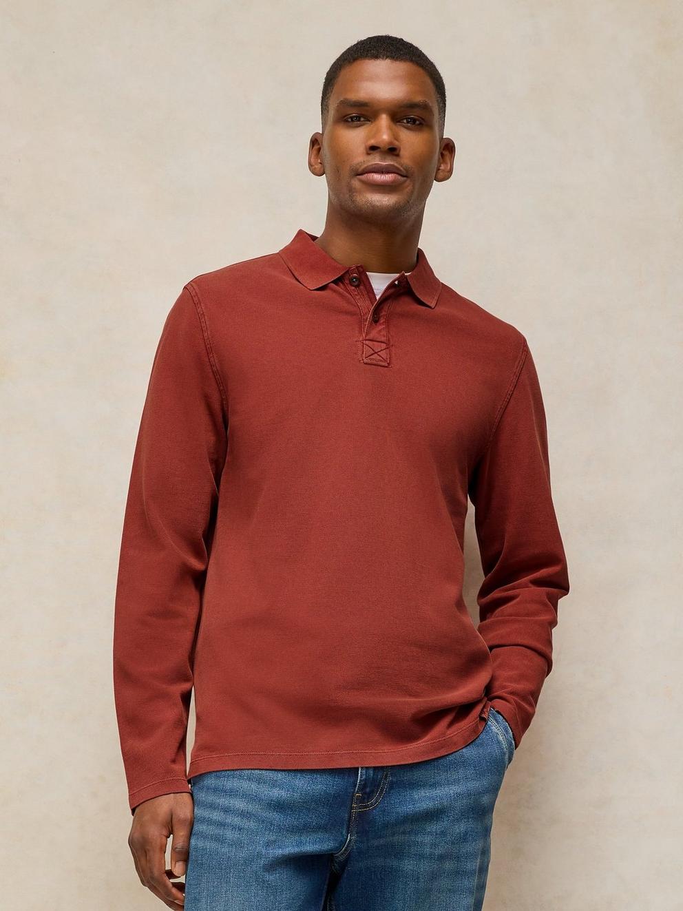 Utility Long Sleeve Polo in DK RED - LIFESTYLE