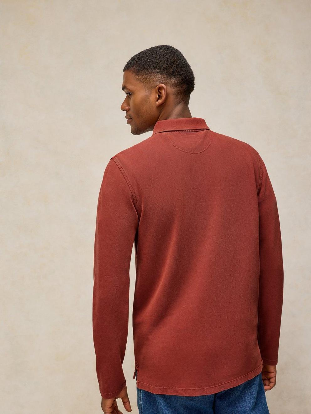 Utility Long Sleeve Polo in DK RED - MODEL BACK
