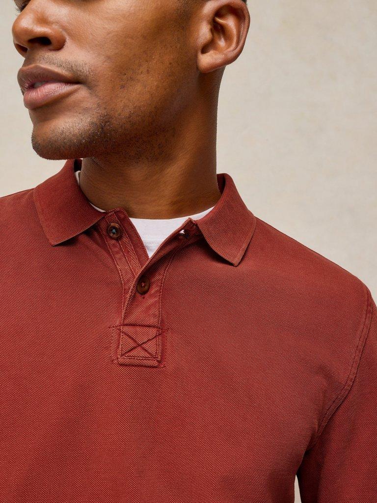 Utility Long Sleeve Polo in DK RED - MODEL DETAIL
