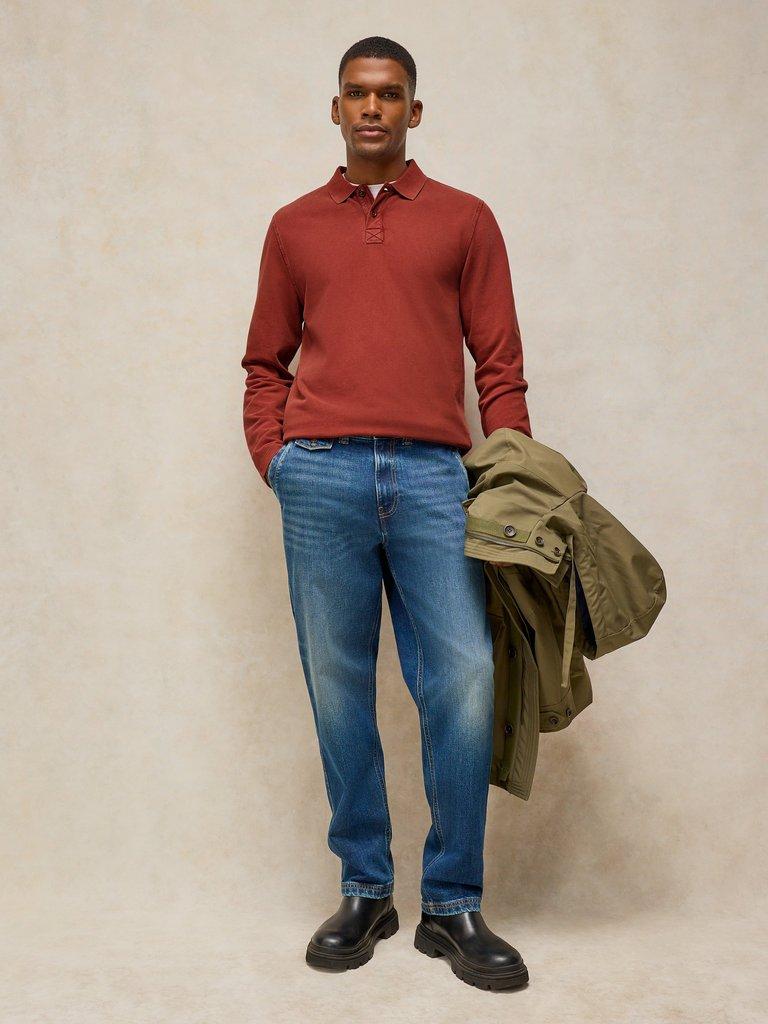 Utility Long Sleeve Polo in DK RED - MODEL FRONT