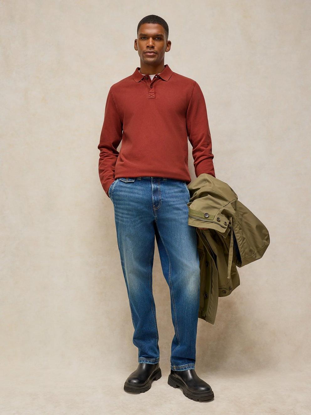 Utility Long Sleeve Polo in DK RED - MODEL FRONT