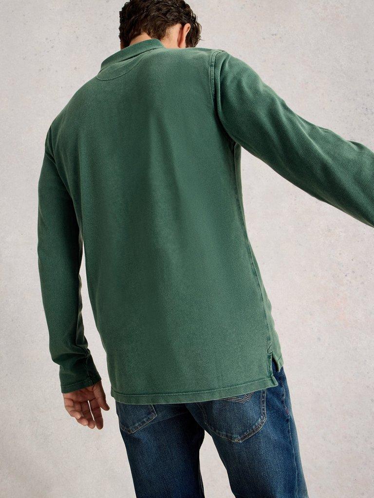 Utility Long Sleeve Polo in DK TEAL - MODEL BACK