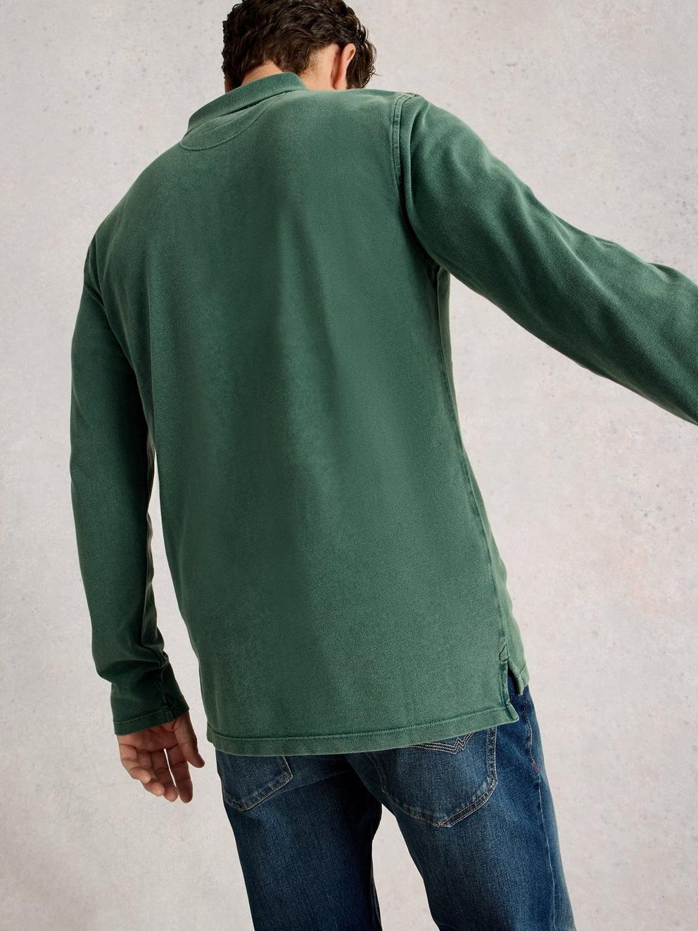 Utility Long Sleeve Polo in DK TEAL - MODEL BACK