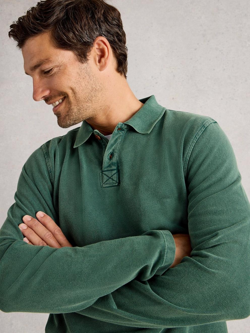 Utility Long Sleeve Polo in DK TEAL - MODEL DETAIL
