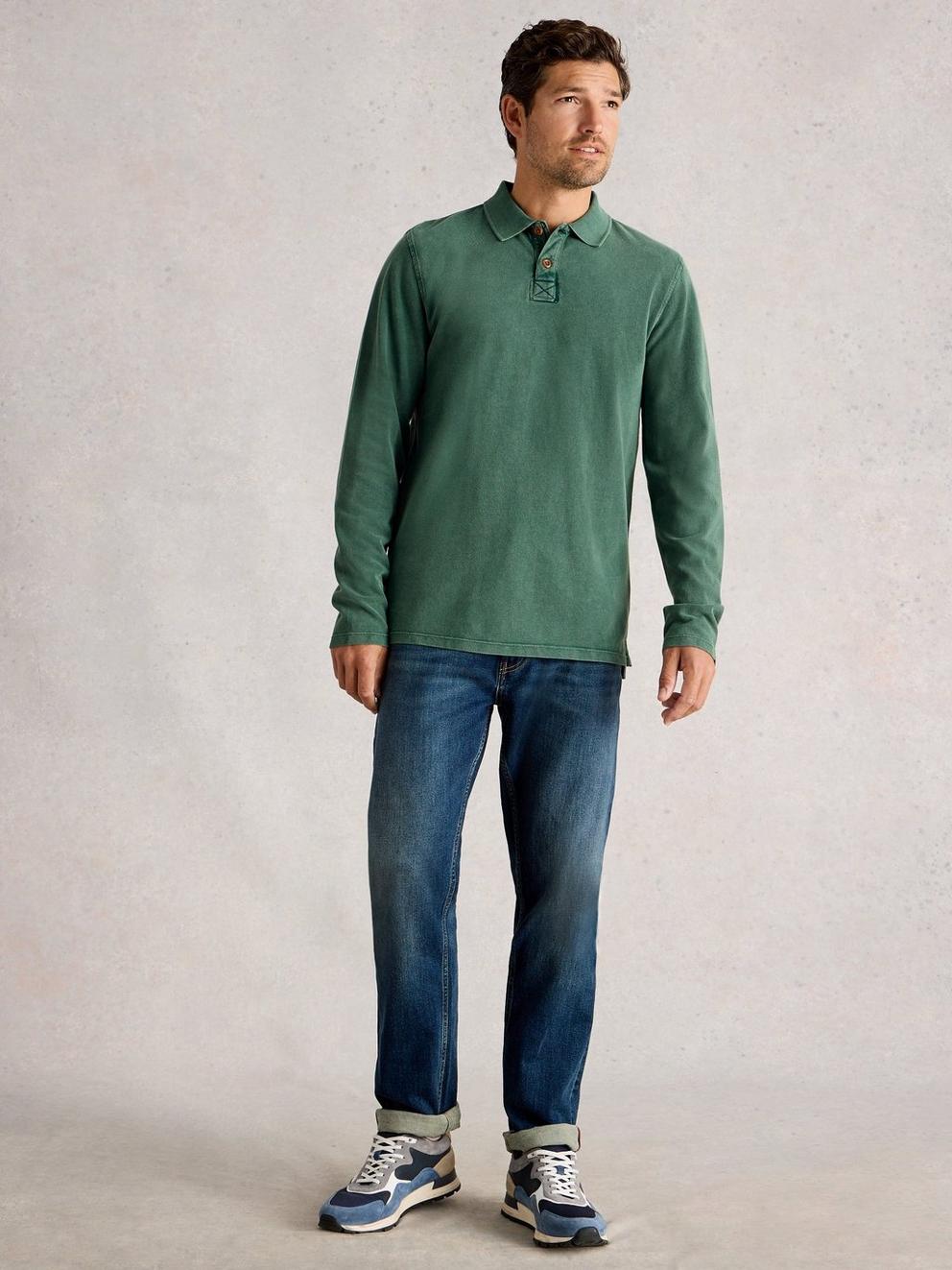 Utility Long Sleeve Polo in DK TEAL - MODEL FRONT