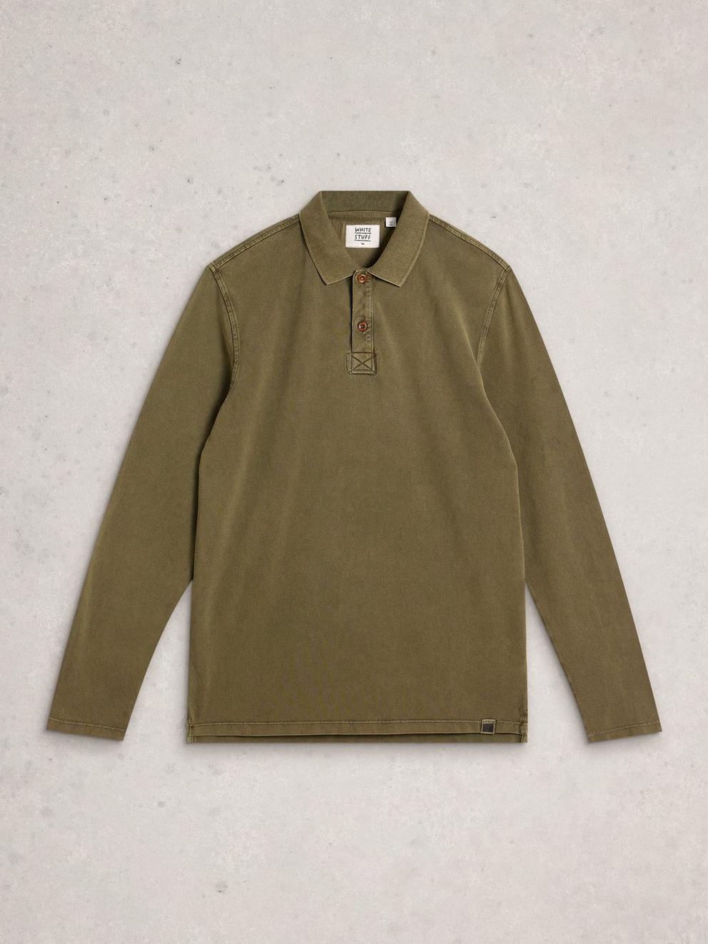 Utility Long Sleeve Polo in KHAKI GRN - FLAT FRONT