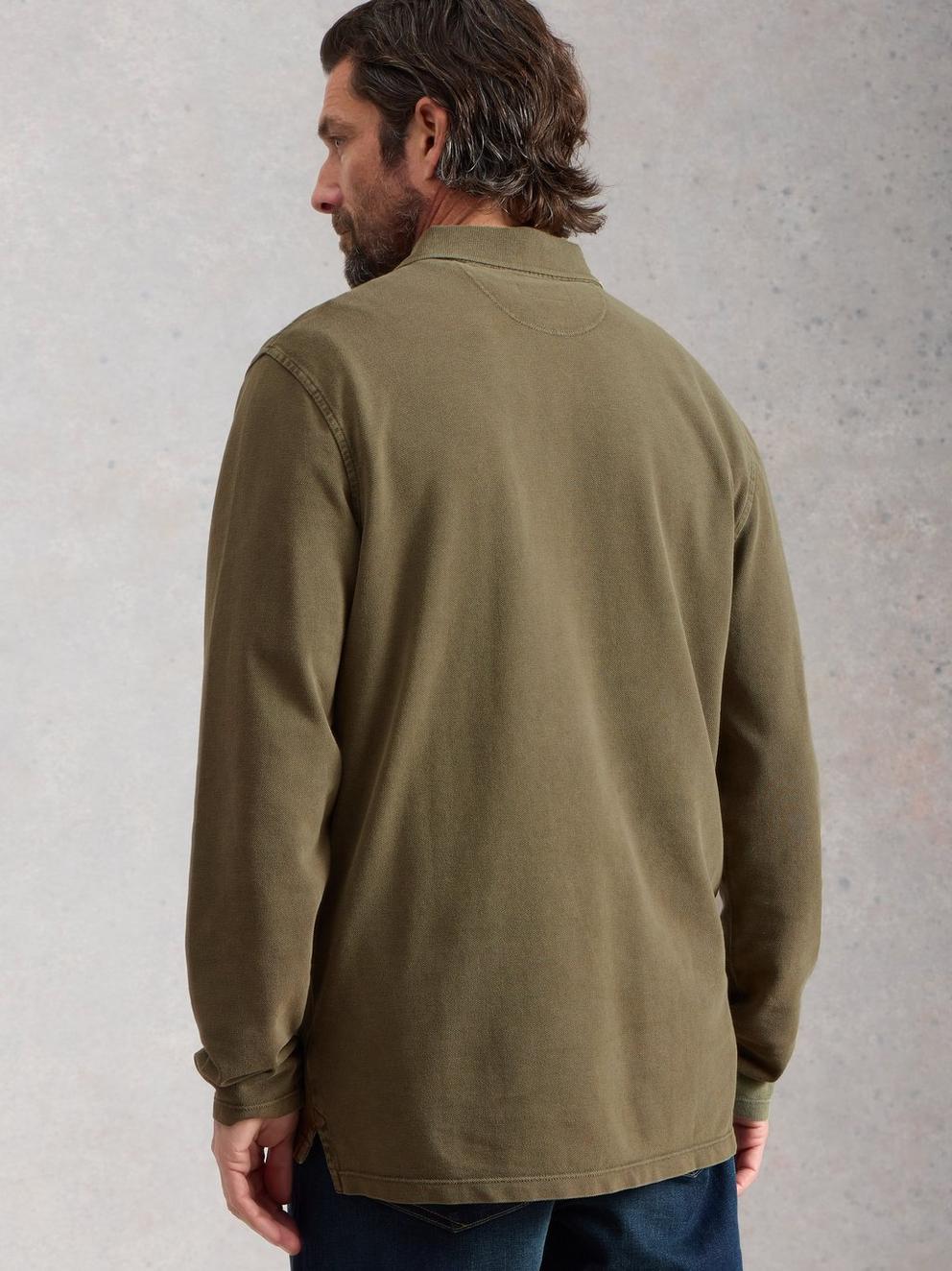 Utility Long Sleeve Polo in KHAKI GRN - MODEL BACK