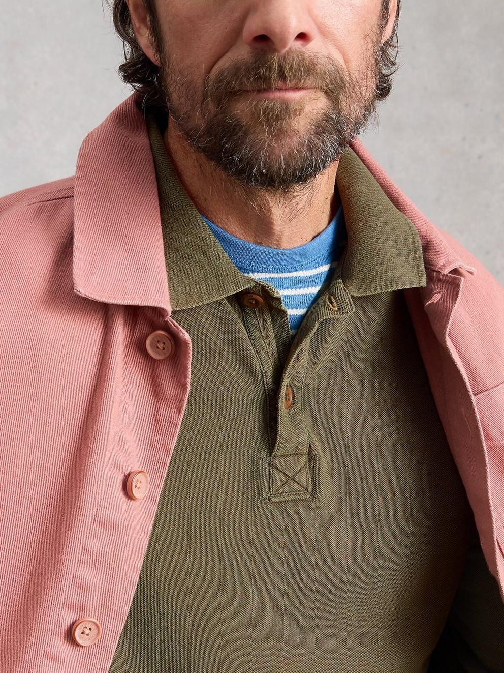 Utility Long Sleeve Polo in KHAKI GRN - MODEL DETAIL