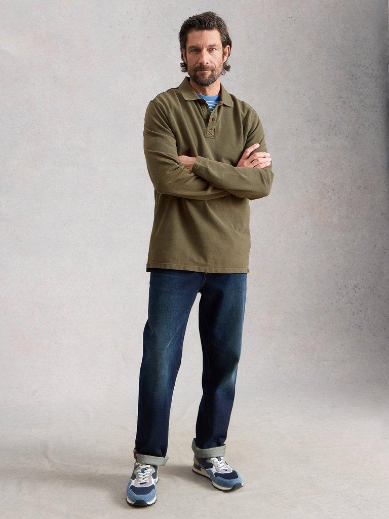 Utility Long Sleeve Polo in KHAKI GRN - MODEL FRONT