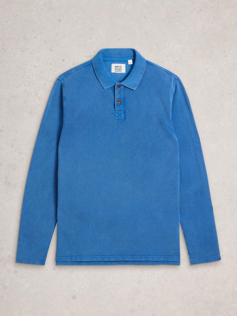 Utility Long Sleeve Polo in MID BLUE - FLAT FRONT