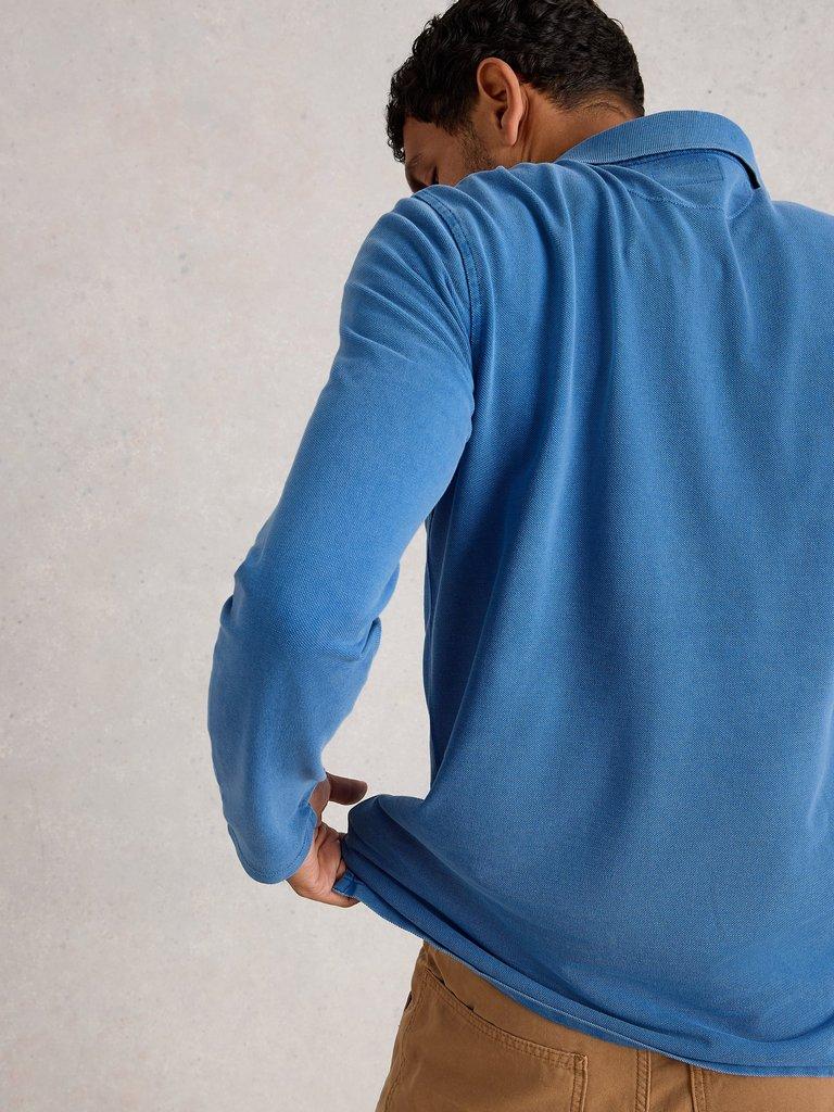 Utility Long Sleeve Polo in MID BLUE - MODEL BACK
