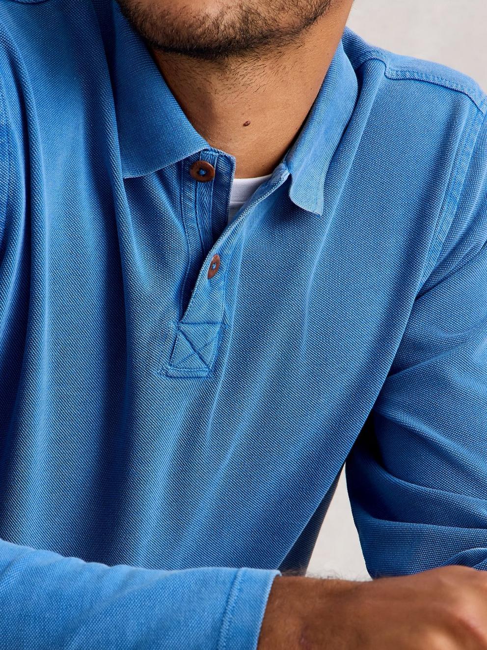 Utility Long Sleeve Polo in MID BLUE - MODEL DETAIL