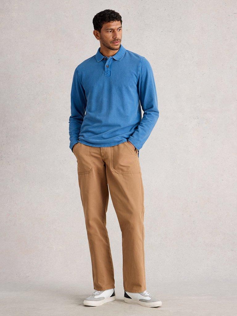 Utility Long Sleeve Polo in MID BLUE - MODEL FRONT