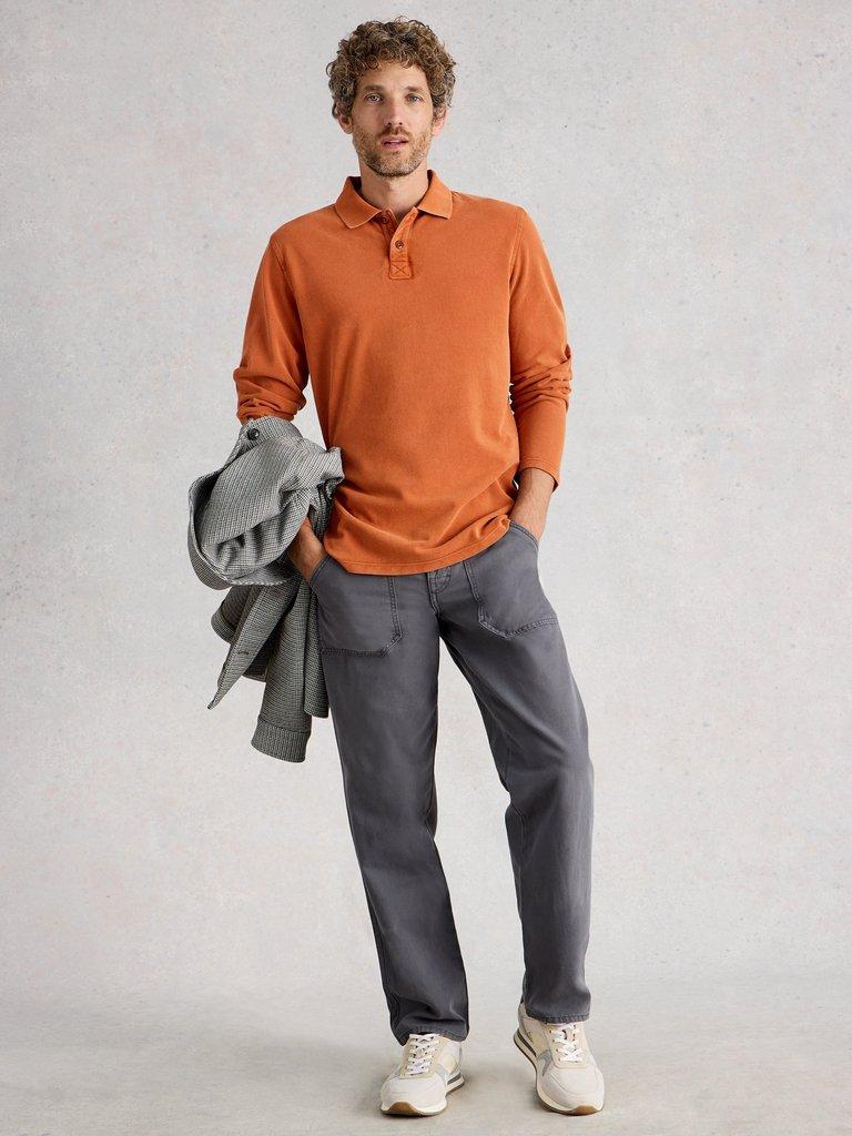 Utility Long Sleeve Polo in MID ORANGE - MODEL FRONT