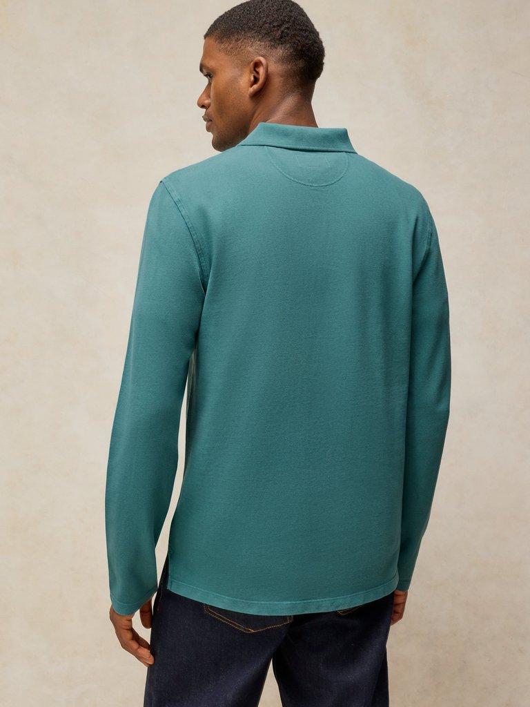 Utility Long Sleeve Polo in MID TEAL - MODEL BACK
