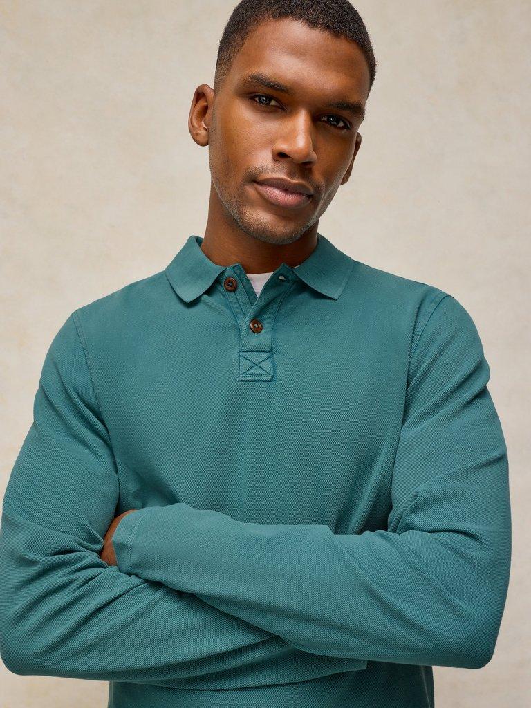 Utility Long Sleeve Polo in MID TEAL - MODEL DETAIL