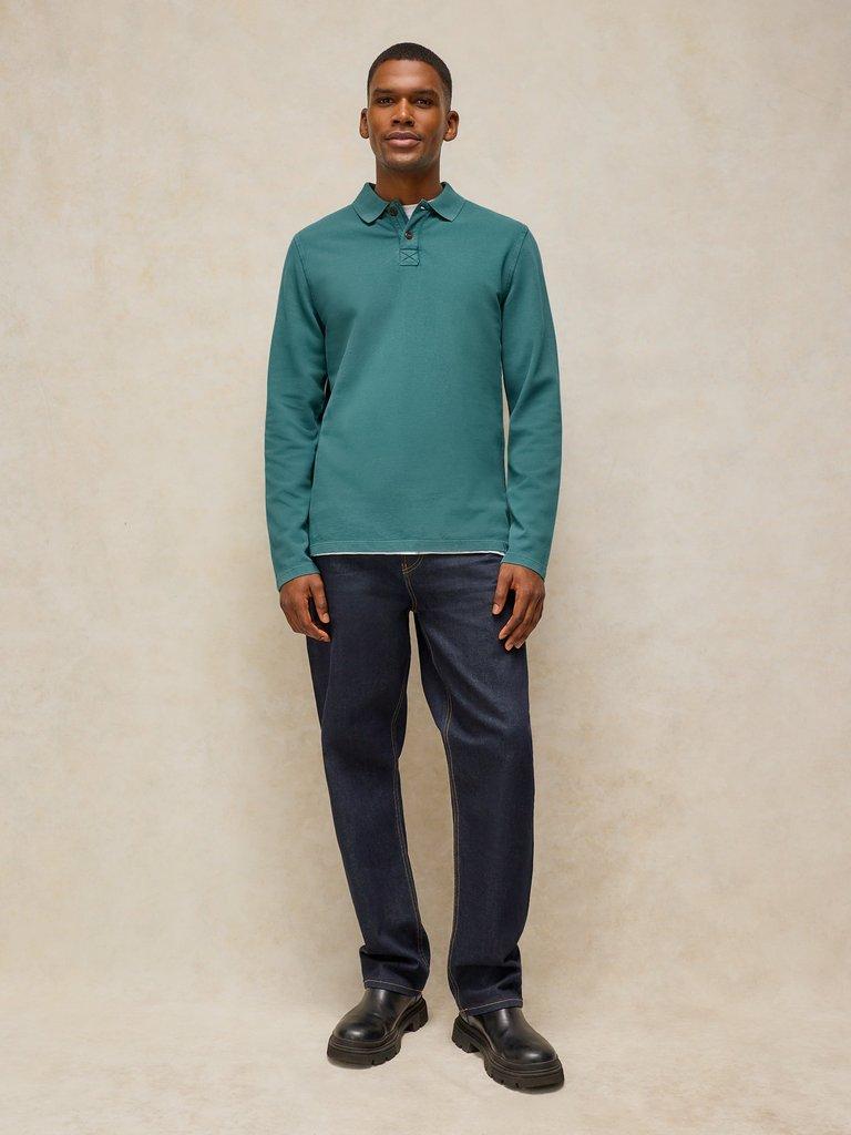 Utility Long Sleeve Polo in MID TEAL - MODEL FRONT