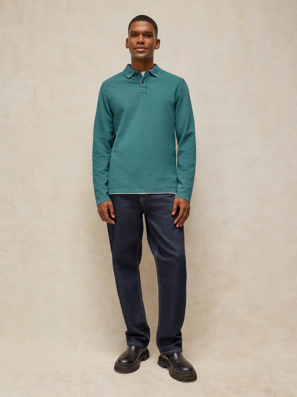 Utility Long Sleeve Polo in MID TEAL - MODEL FRONT