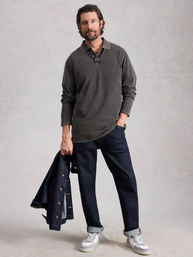 Utility Long Sleeve Polo in WASHED BLK - MODEL FRONT