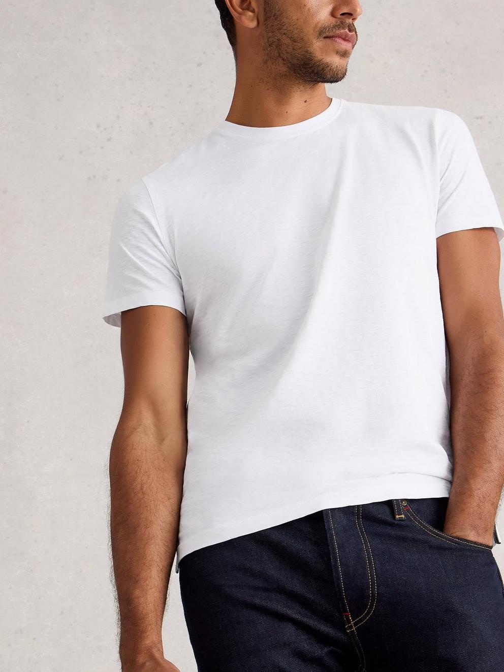 Abersoch Short Sleeve Crew Neck Tee in BRIL WHITE - MODEL DETAIL