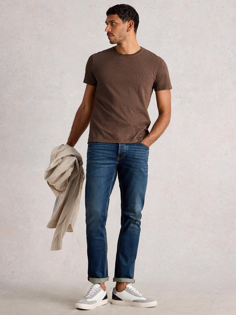 Abersoch Short Sleeve Crew Neck Tee in MID BROWN - MODEL FRONT