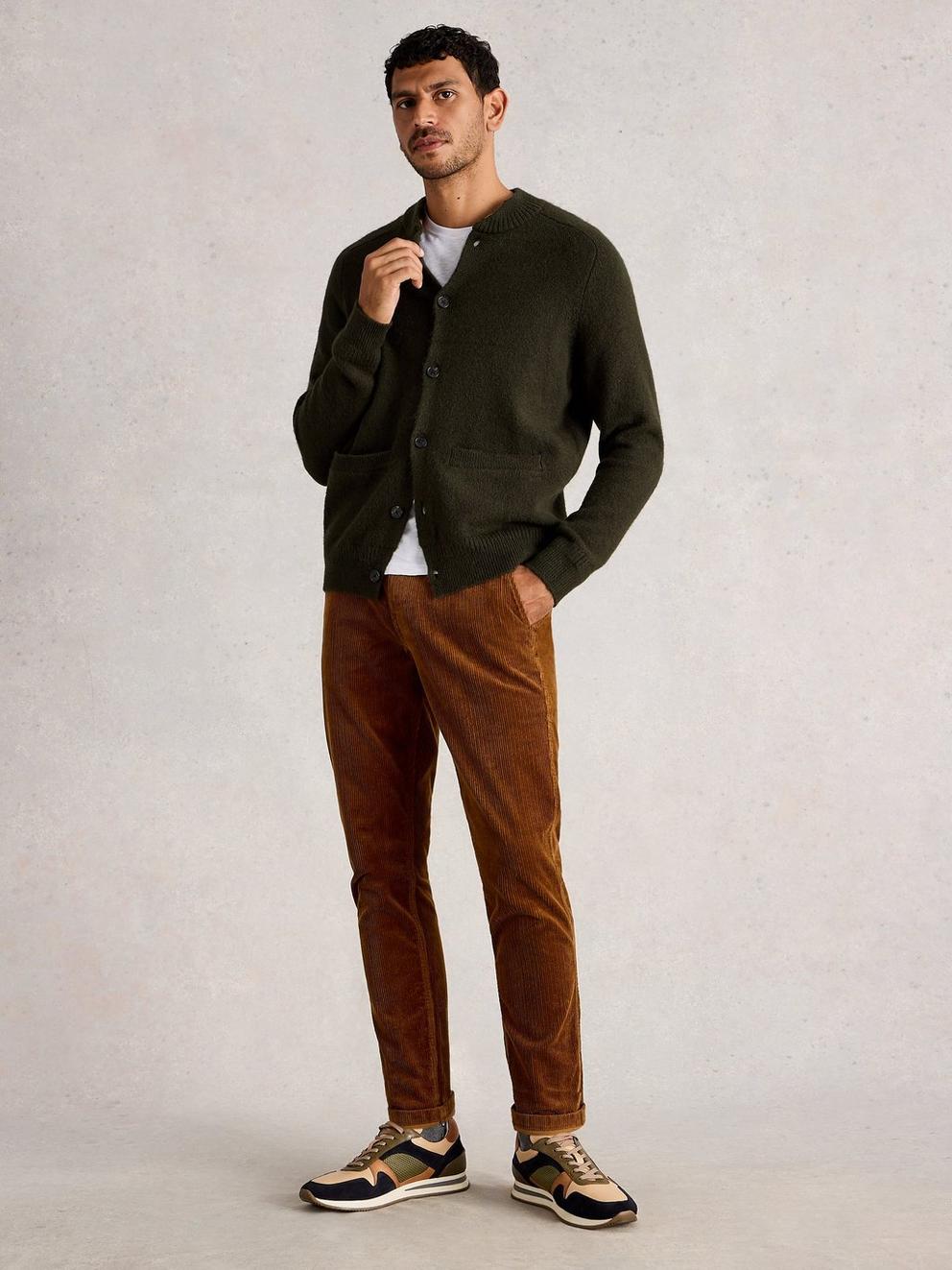 Bomber Cardigan in DK GREEN - MODEL FRONT
