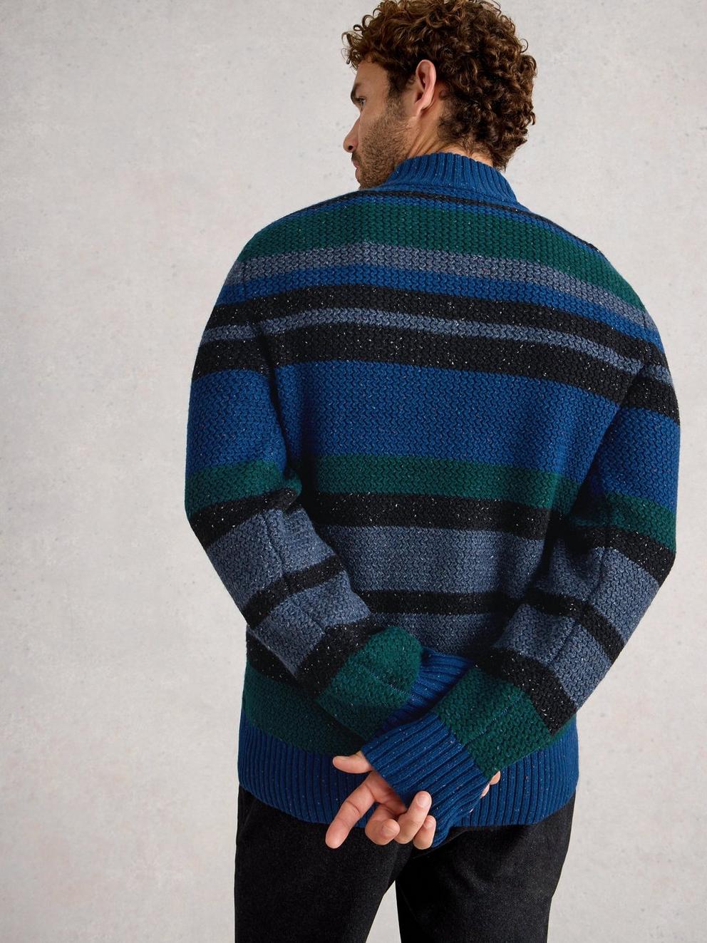 Berkley Button Neck Stripe in BLUE MLT - MODEL BACK