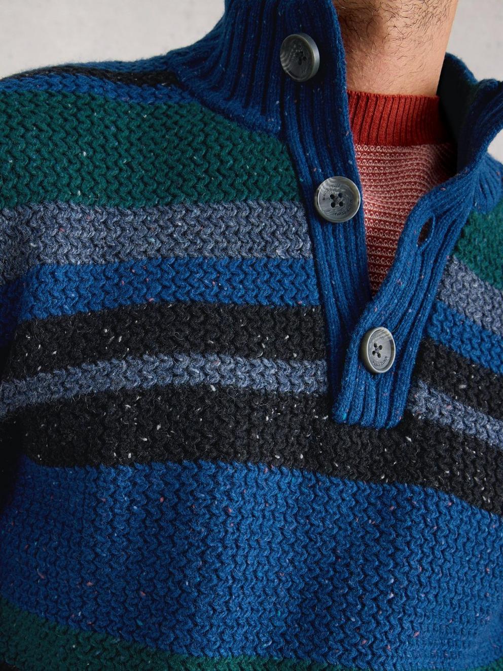 Berkley Button Neck Stripe in BLUE MLT - MODEL DETAIL