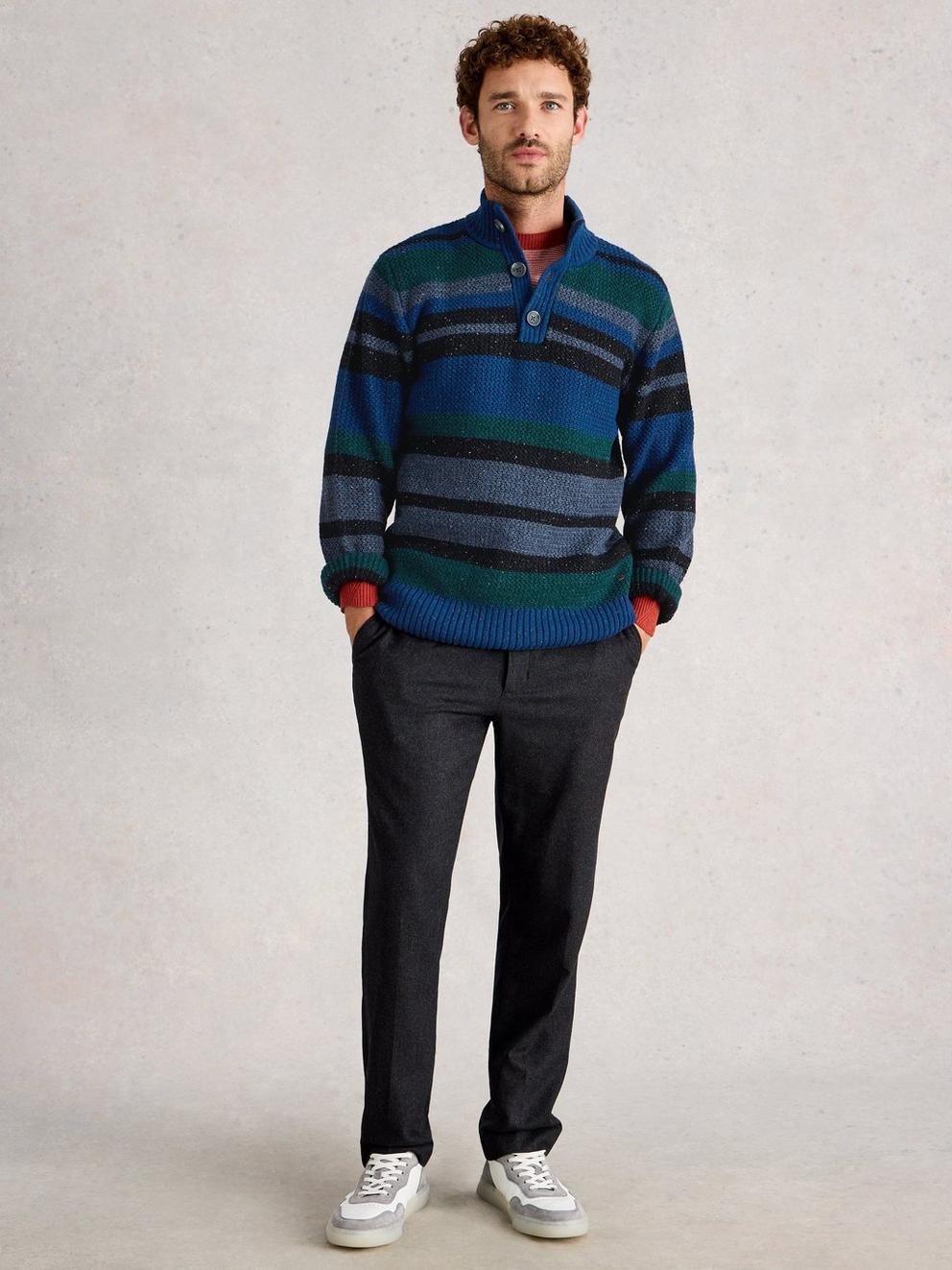 Berkley Button Neck Stripe in BLUE MLT - MODEL FRONT