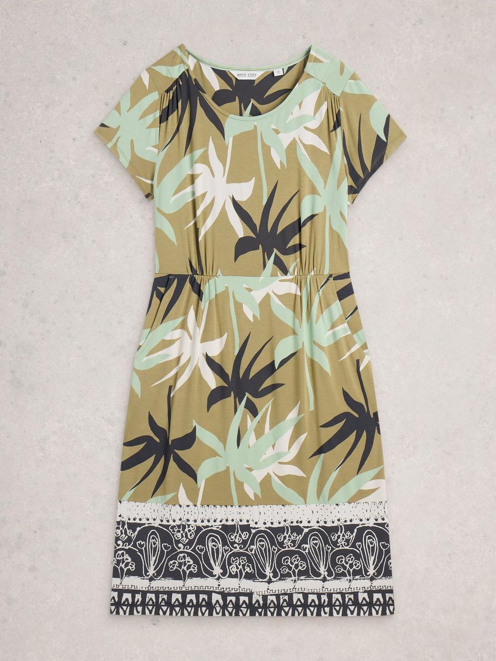 Tallie Jersey Short Sleeve Crew Neck Dress in GREEN MLT - FLAT FRONT