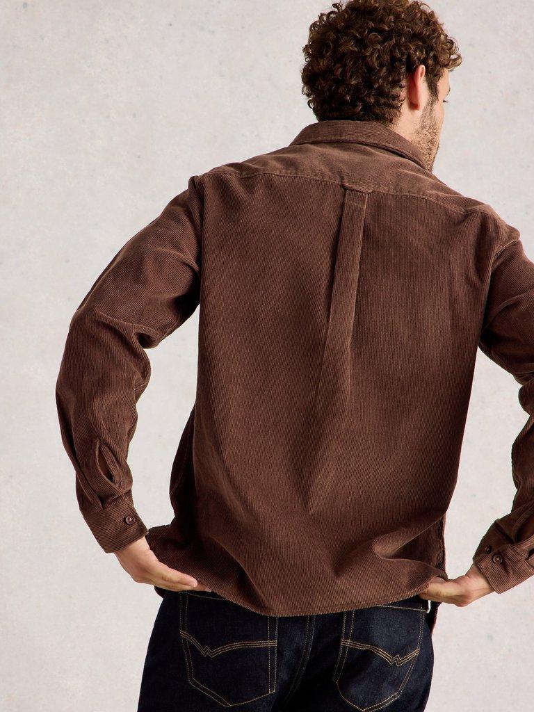 Griffin Cord Collared Shirt in DK BROWN - MODEL BACK