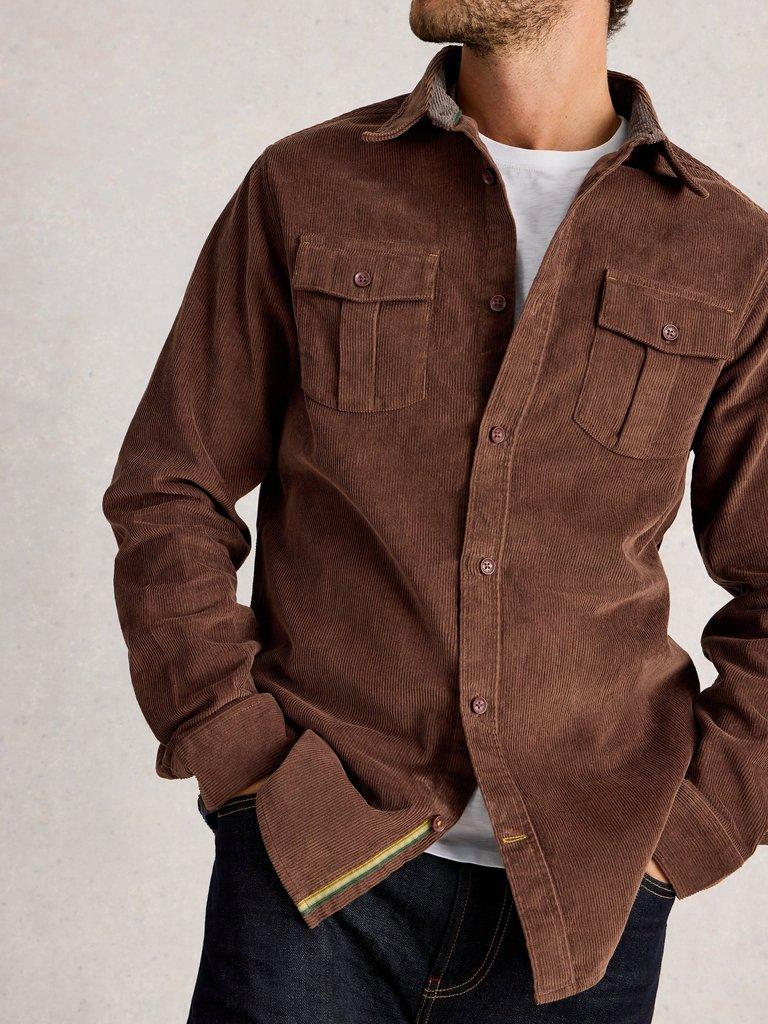 Griffin Cord Collared Shirt in DK BROWN - MODEL DETAIL