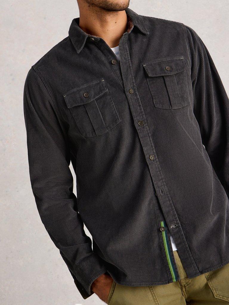 Griffin Cord Collared Shirt in DK GREY - MODEL DETAIL