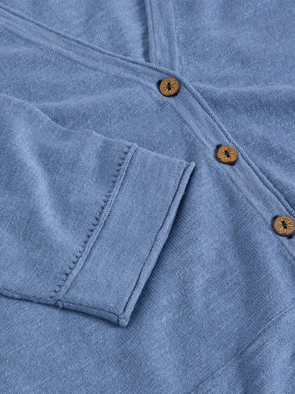 NARIA LINEN BLEND CARDI in MID BLUE - FLAT DETAIL