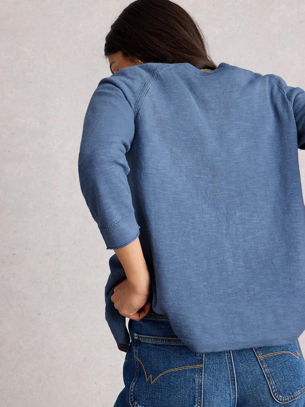 NARIA LINEN BLEND CARDI in MID BLUE - MODEL BACK