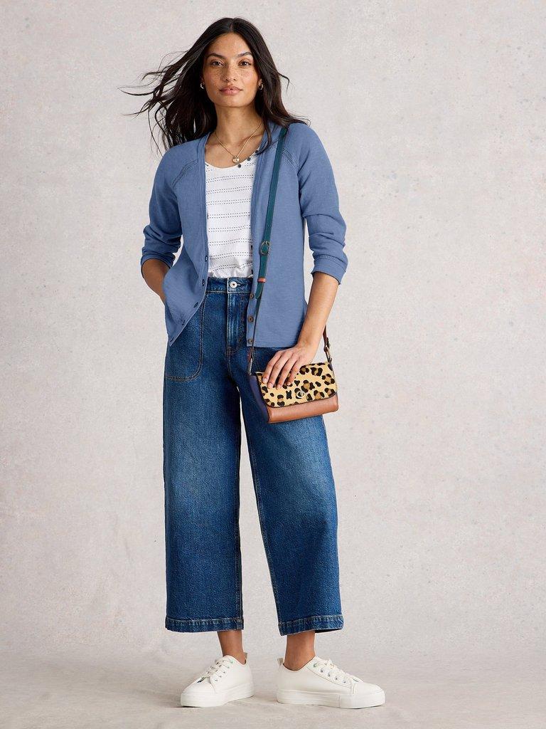 NARIA LINEN BLEND CARDI in MID BLUE - MODEL FRONT