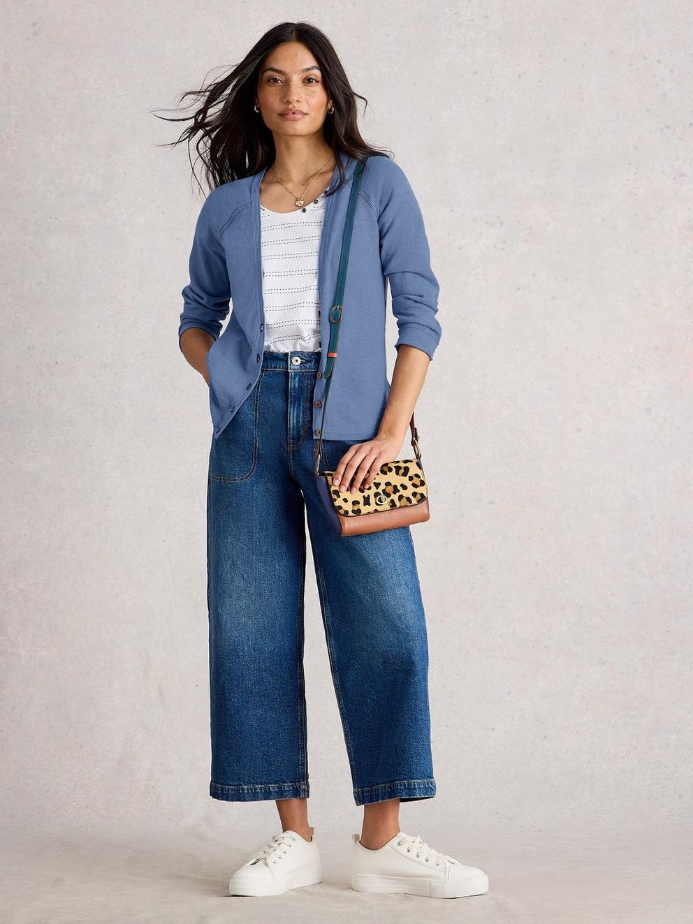 NARIA LINEN BLEND CARDI in MID BLUE - MODEL FRONT